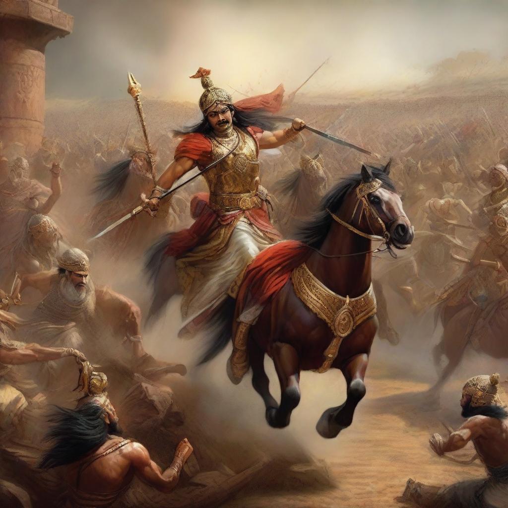 A grand depiction of the Mahabharata war, with warriors in traditional ancient Indian armor, chariots, and divine weapons