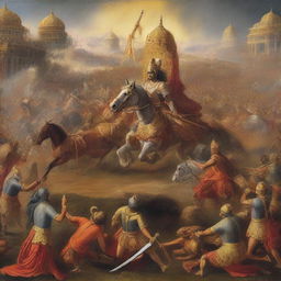 A grand depiction of the Mahabharata war, with warriors in traditional ancient Indian armor, chariots, and divine weapons