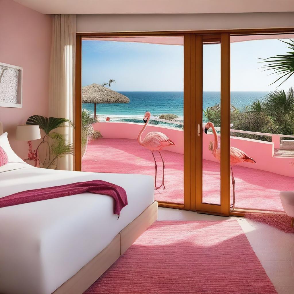 An eco-friendly hotel room with a sea view and terrace access, featuring a sustainable theme and flamingos