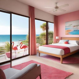 An eco-friendly hotel room with a sea view and terrace access, featuring a sustainable theme and flamingos