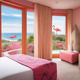 An eco-friendly hotel room with a sea view and terrace access, featuring a sustainable theme and flamingos