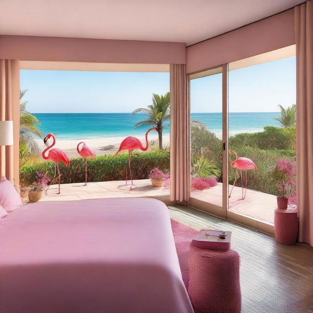 An eco-friendly hotel room with a sea view and terrace access, featuring a sustainable theme and flamingos