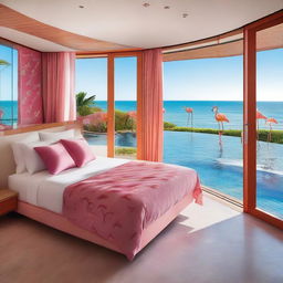 An eco-friendly hotel room with a sea view and pool access, featuring a sustainable theme and flamingos