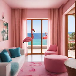 An eco-friendly hotel room with a sea view and pool access, featuring a sustainable theme and flamingos