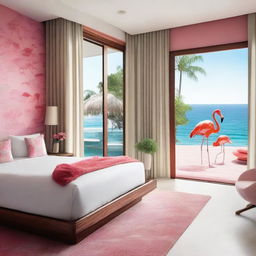 An eco-friendly hotel room with a sea view and pool access, featuring a sustainable theme and flamingos