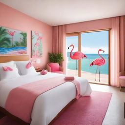 An eco-friendly hotel room with a sea view and pool access, featuring a sustainable theme and flamingos