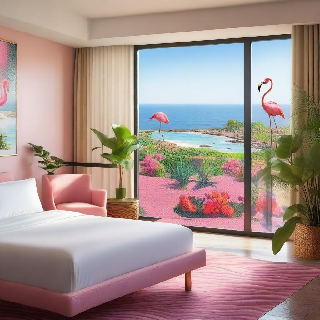 An eco-friendly hotel room with a sea view, featuring paintings of flamingos, plants, and a sustainable atmosphere