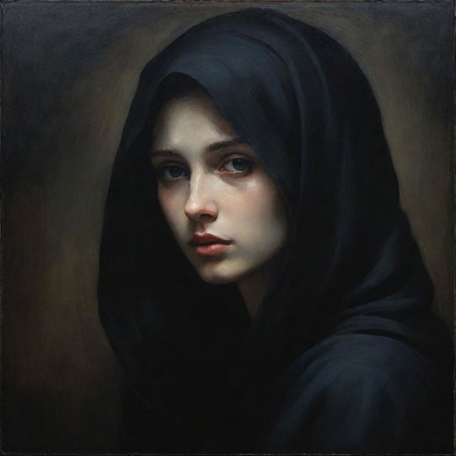 A classic painting in dark and somber tones, capturing a sense of mystery and intensity