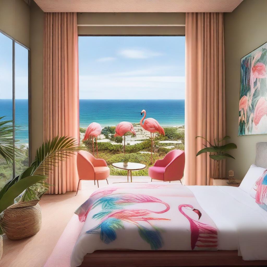 An eco-friendly hotel room with a sea view, featuring paintings of flamingos, plants, and a sustainable atmosphere