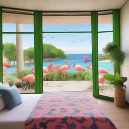 An eco-friendly hotel room with a sea view, featuring paintings of flamingos, plants, and a sustainable atmosphere