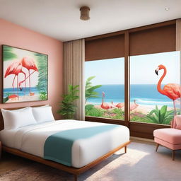 An eco-friendly hotel room with a sea view, featuring paintings of flamingos, plants, and a sustainable atmosphere