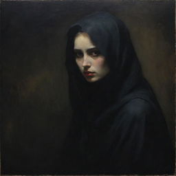 A classic painting in dark and somber tones, capturing a sense of mystery and intensity