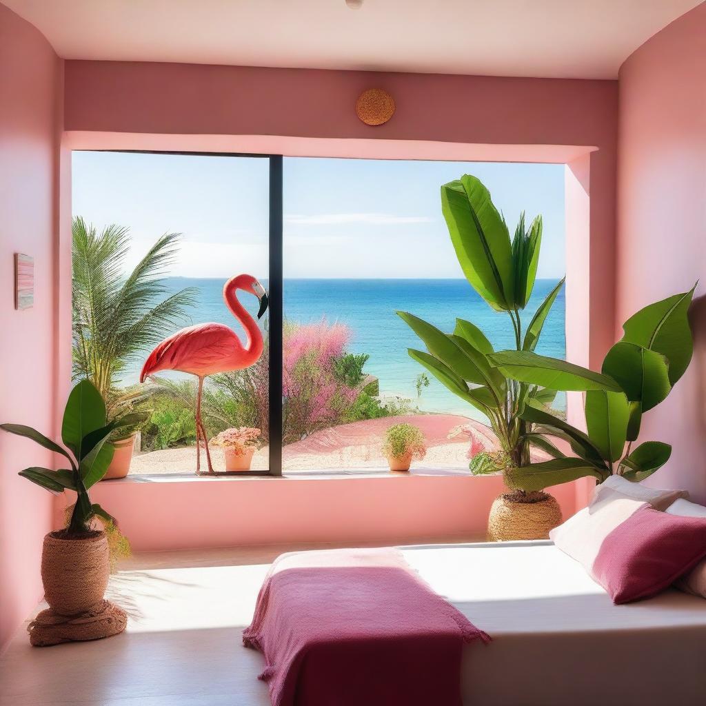 A room in an eco-hotel with a sea view, featuring a single large window