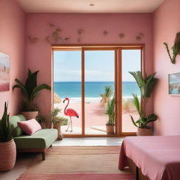 A room in an eco-hotel with a sea view, featuring a single large window