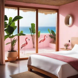 A room in an eco-hotel with a sea view, featuring a single large window