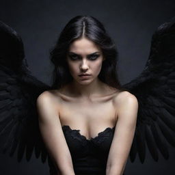 A mysterious woman characterized as a dark angel, with pitch-black wings and a dramatically intense expression.