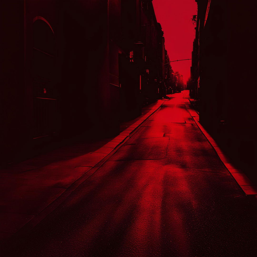 An abstract image featuring a lonely street in vintage brown tones set against a dark maroon background