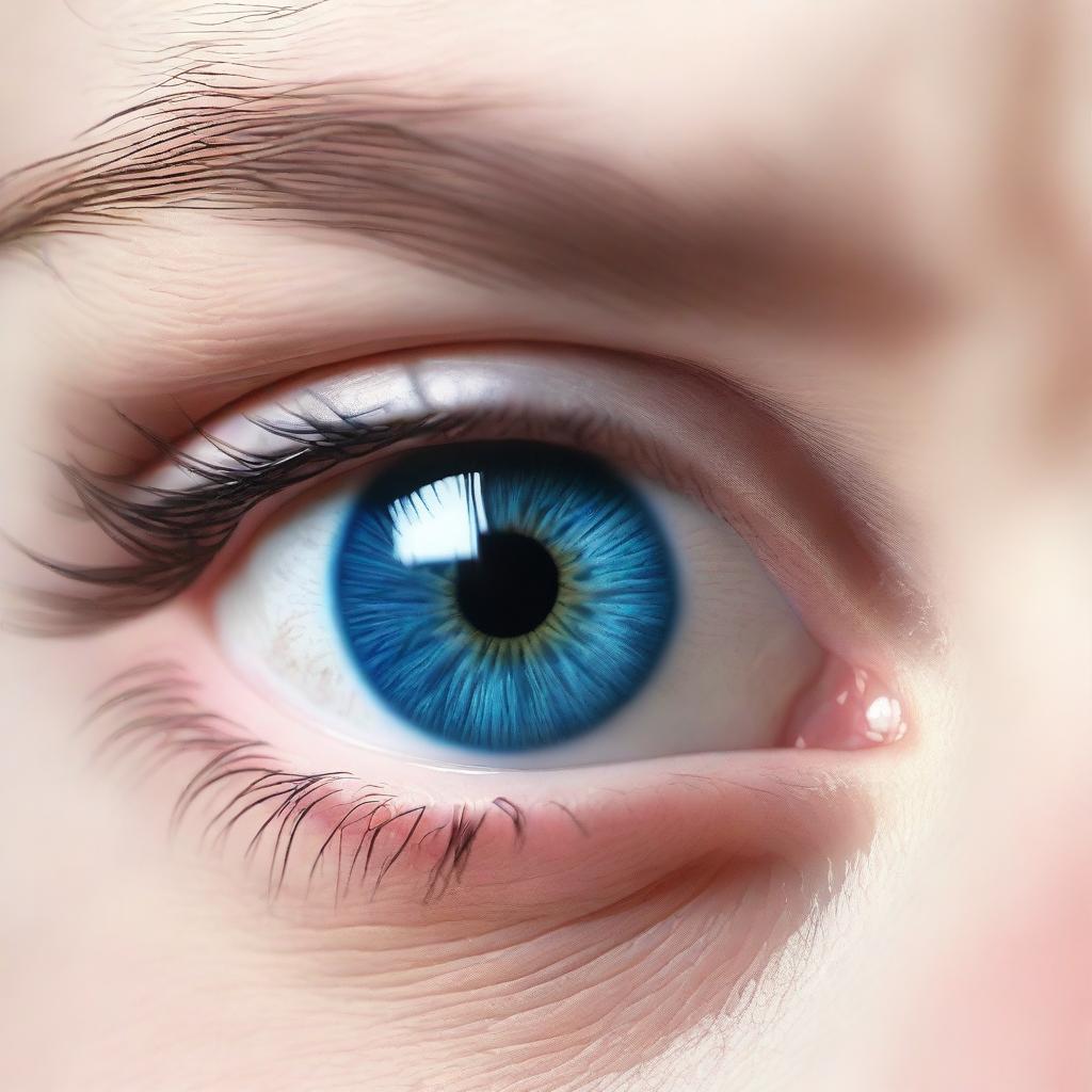 A hyper-realistic close-up of blue eyes, with an intense focus on the details