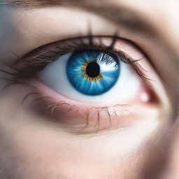 A hyper-realistic close-up of blue eyes, with an intense focus on the details