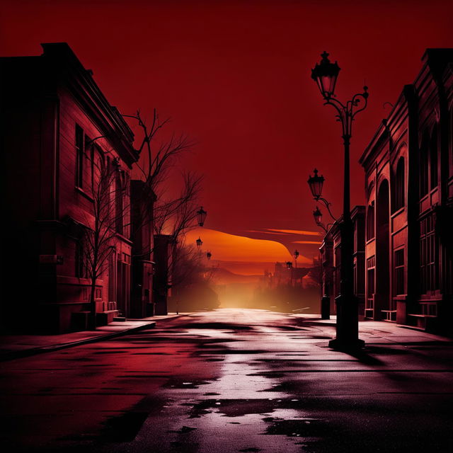 An abstract image of a lonely street in vintage brown tones, set against a dark maroon background with a sunrise