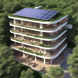 A three-story eco-friendly hotel with a rooftop covered in solar panels