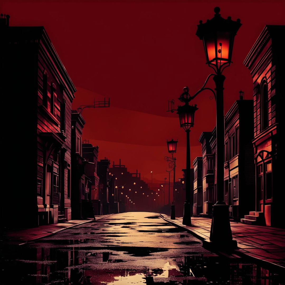 An abstract image of a lonely street in vintage brown tones, set against a dark maroon background with a sunrise