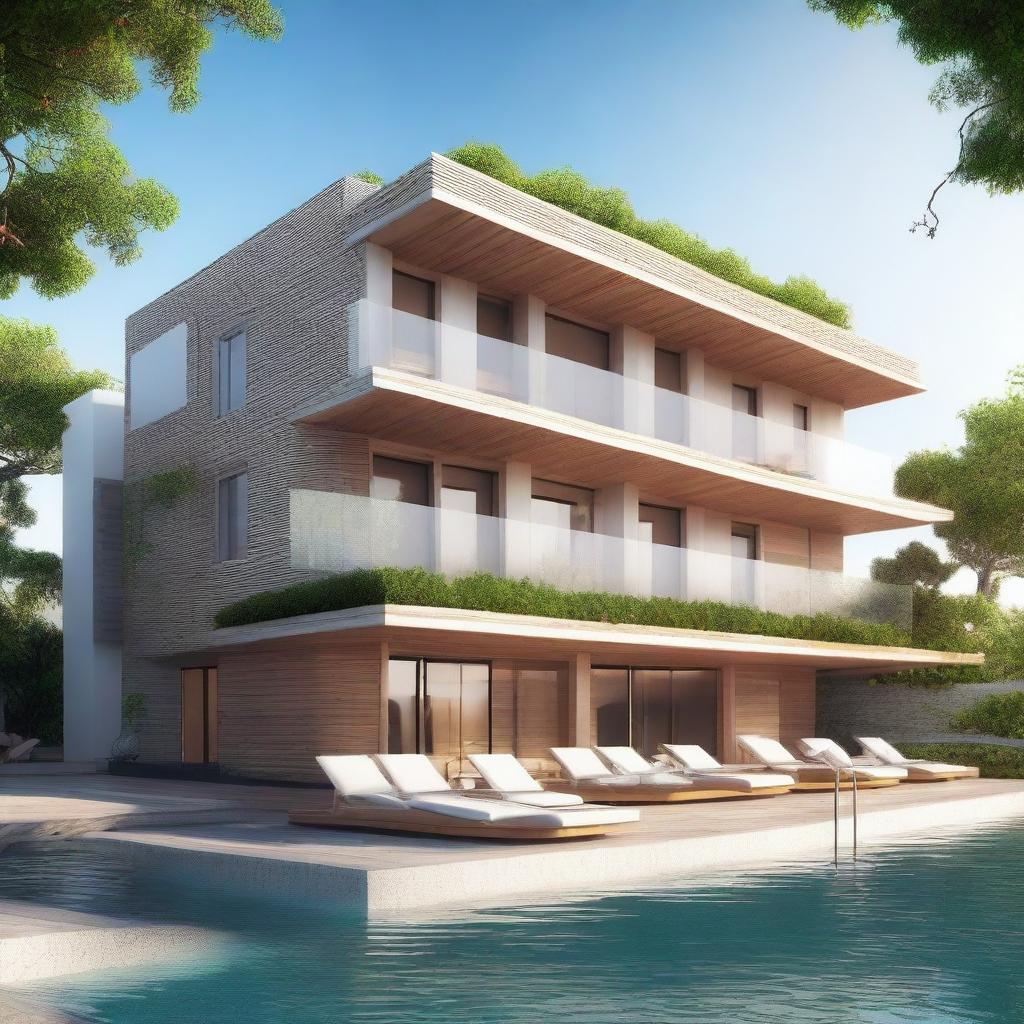 A three-story eco-themed hotel by the sea with solar panels on the roof and a small restaurant on the third-floor terrace