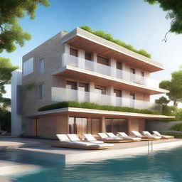 A three-story eco-themed hotel by the sea with solar panels on the roof and a small restaurant on the third-floor terrace