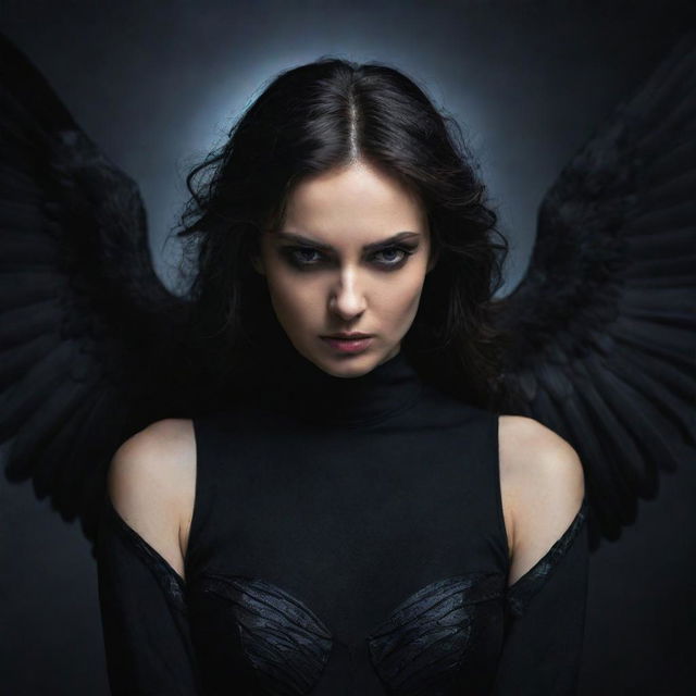 A mysterious woman characterized as a dark angel, with pitch-black wings and a dramatically intense expression.