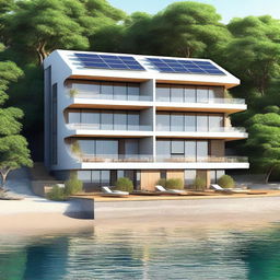 A three-story eco-themed hotel by the sea with solar panels on the roof and a small restaurant on the third-floor terrace