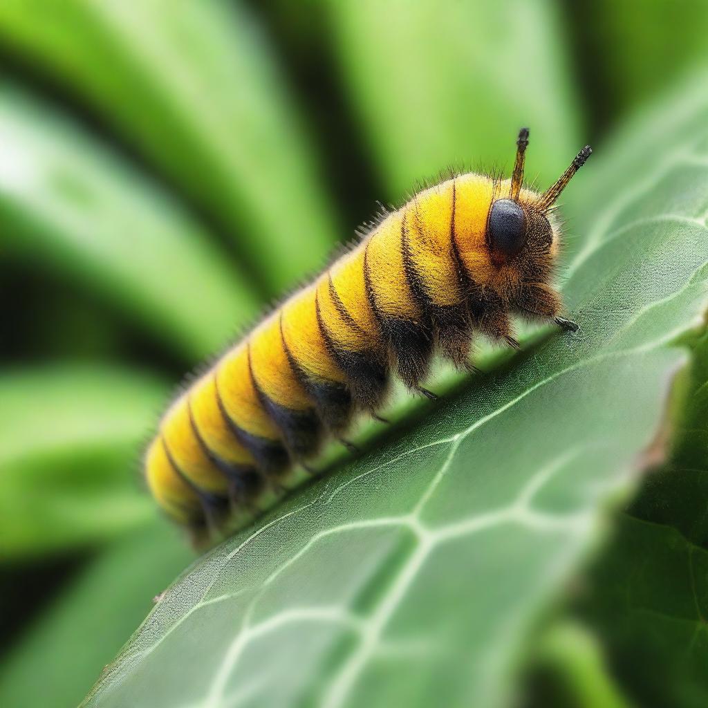 A hyper-realistic close-up photo of a caterpillar, captured in Ultra HD, 4K resolution