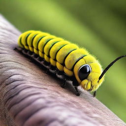 A hyper-realistic close-up photo of a caterpillar, captured in Ultra HD, 4K resolution