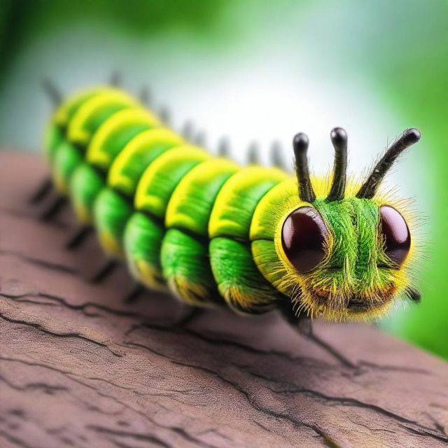 A hyper-realistic close-up photo of a caterpillar, captured in Ultra HD, 4K resolution