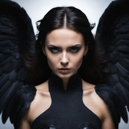 A mysterious woman characterized as a dark angel, with pitch-black wings and a dramatically intense expression.