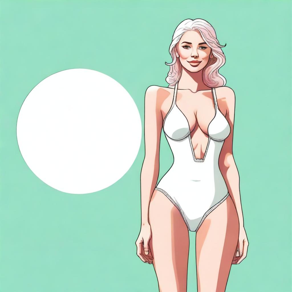 Create a full-length portrait of a very pretty tall white girl with a nice body and a bubble butt, wearing a stylish swimsuit