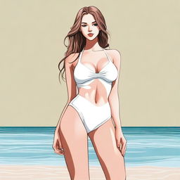 Create a full-length portrait of a very pretty tall white girl with a nice body and a bubble butt, wearing a stylish swimsuit