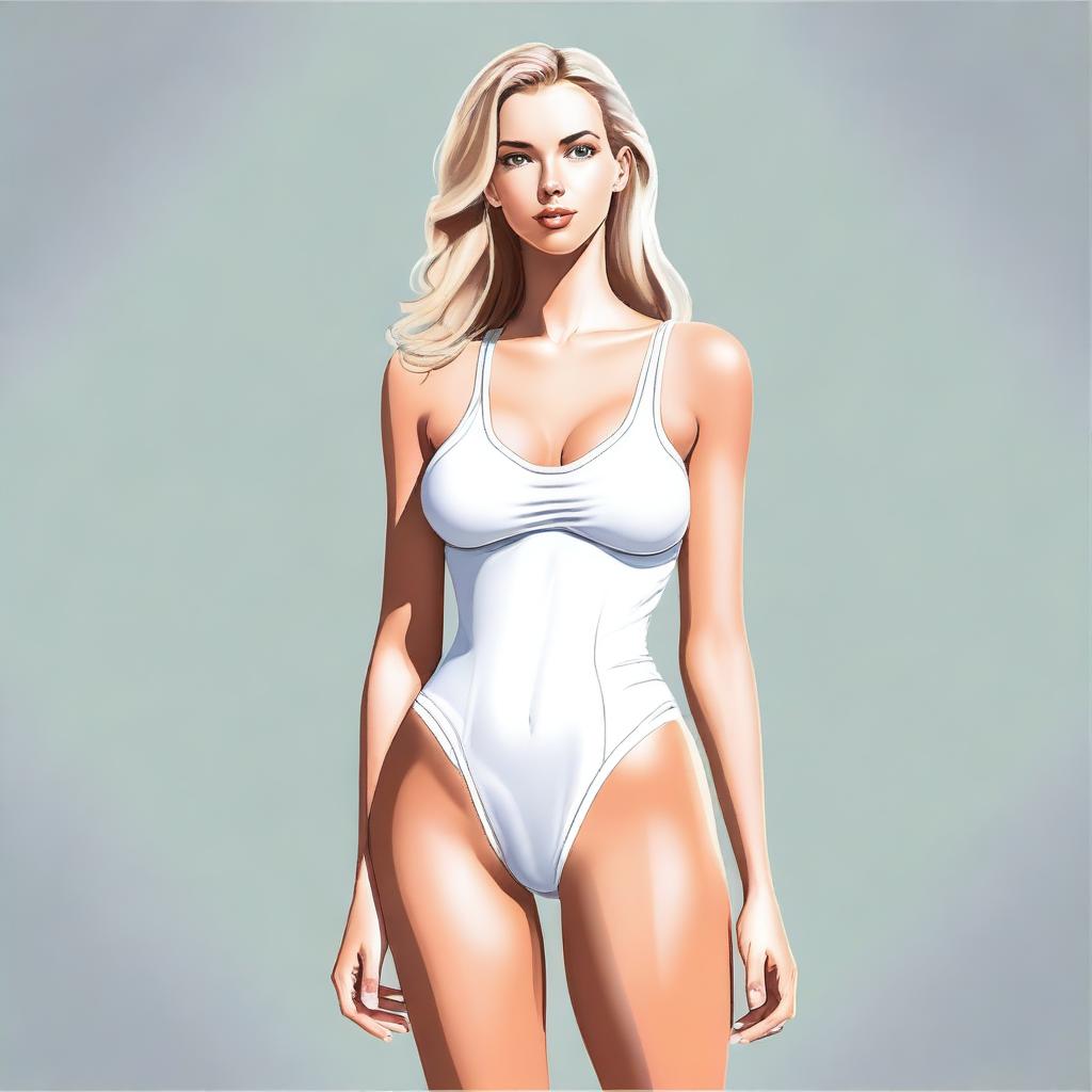 Create a full-length portrait of a very pretty tall white girl with a nice body and a bubble butt, wearing a stylish swimsuit