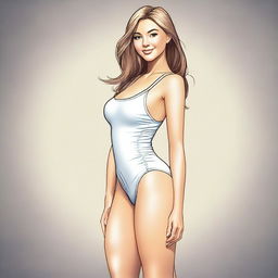 Create a full-length portrait of a very pretty tall white girl with a nice body and a bubble butt, wearing a stylish swimsuit