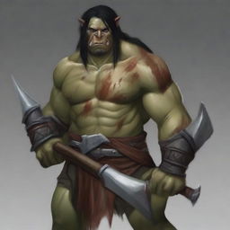 A semi-orc barbarian with black hair and grey eyes