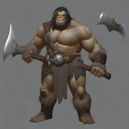 A semi-orc barbarian with black hair and grey eyes