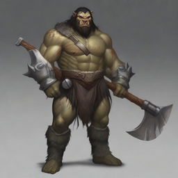 A semi-orc barbarian with black hair and grey eyes