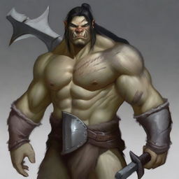 A semi-orc barbarian with black hair and grey eyes