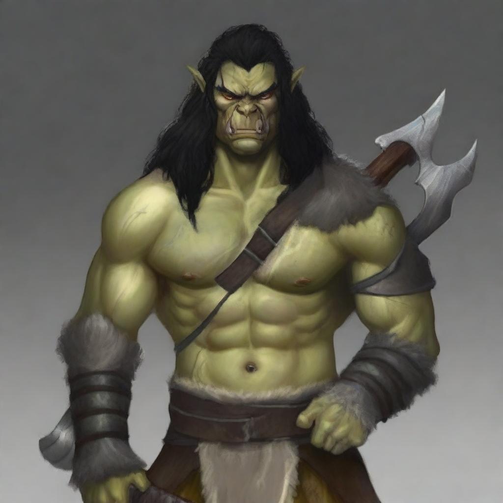 A young barbarian half-orc with black hair and gray eyes