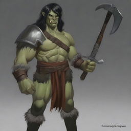 A young barbarian half-orc with black hair and gray eyes