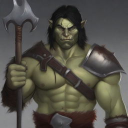 A young barbarian half-orc with black hair and gray eyes