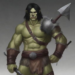 A young barbarian half-orc with black hair and gray eyes