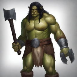 A young barbarian half-orc with black hair and gray eyes