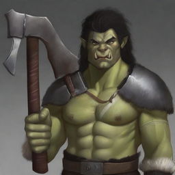 A young barbarian half-orc with black hair and gray eyes