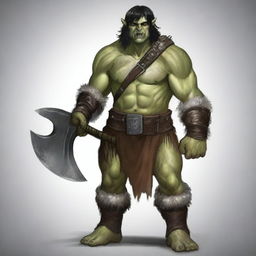 A young barbarian half-orc with black hair and gray eyes