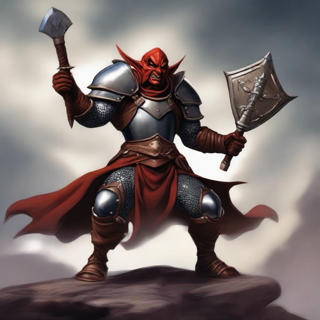 A male red-brown hobgoblin holding a maul, clad in intricate plate armor